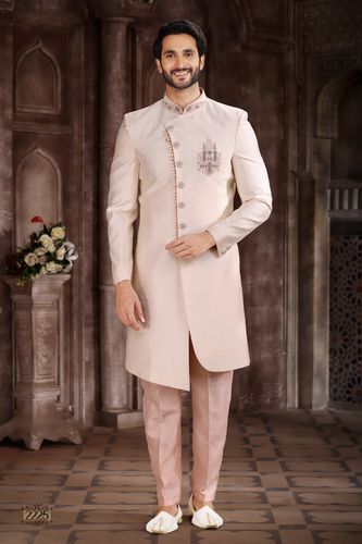Cream Color Art Silk Indo Western Sherwani With Handwork Touch Up