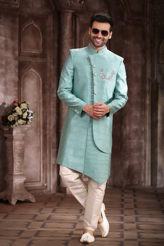 Asymmetrical Style Green Color Indo Western Sherwani