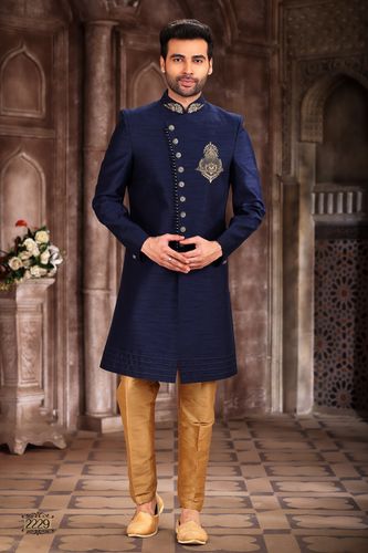Blue Color Art Silk Indo Western Sherwani With Handwork Touch Up