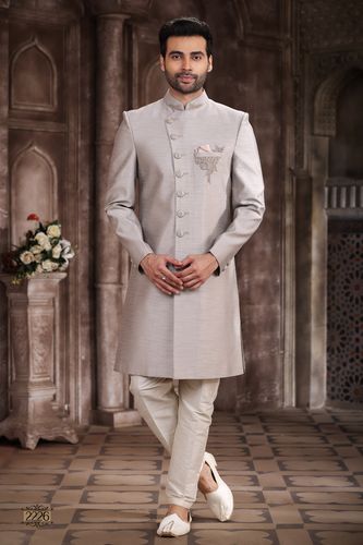 Gray Color Art Silk Indo Western Sherwani With Handwork Touch Up