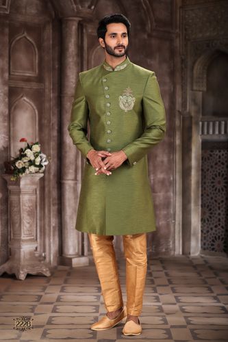 Green Color Art Silk Indo Western Sherwani With Handwork Touch Up