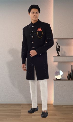 Black Color Lucknowi With Tikki Work Indo Western Sherwani