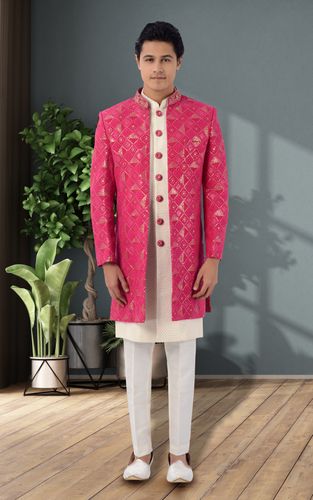 Raspberry Color Heavy Georgette Sherwani With Jacket Style