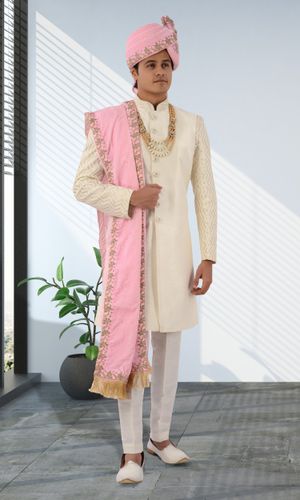 Cream Color Georgette Art Silk Combination Indo Western Sherwani