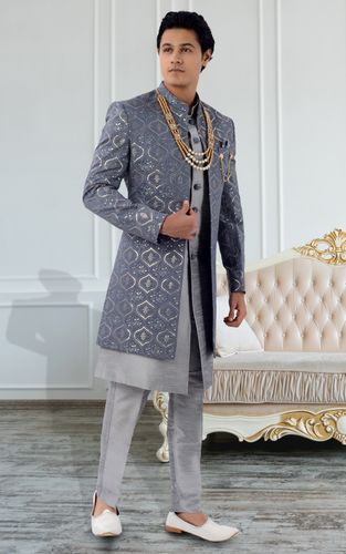 Lucknowi Work Modern Grey Jacket Style Sherwani