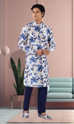 White And Blue Floral Print Silk Kurta Set