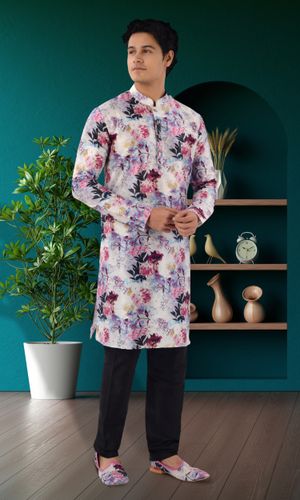 Floral Kurta Pajama In White Color Silk Fabric