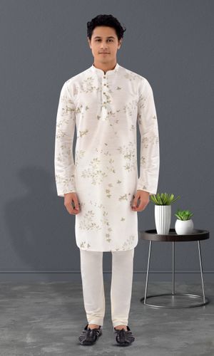White Floral Print Silk Kurta Pajama 