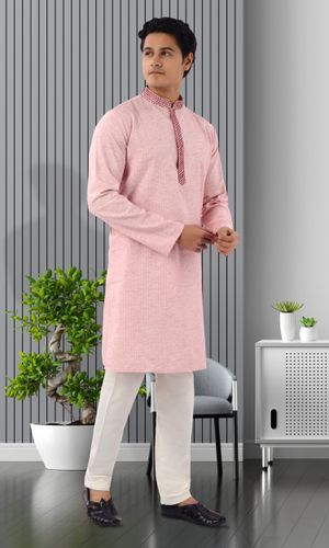 Peachy Pink Cotton Kurta Pajama For Men