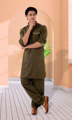 Trendy Olive Color Cotton Pathani Suit