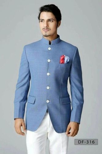 Stylish Sky Blue Color Jodhpuri Suit With Stitch Accents