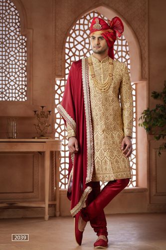 Beautiful All Over Zardoshi Work Golden Sherwani