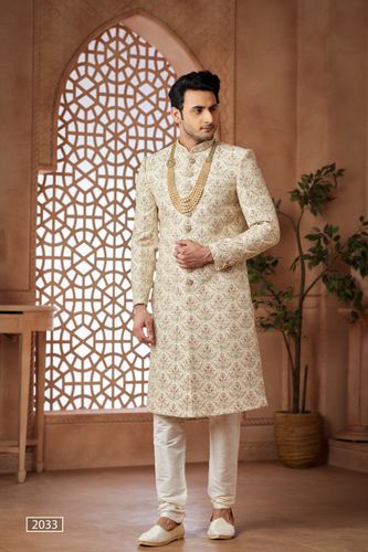 Goldish Cream Sherwani Adorned With All Over Embroidery Work