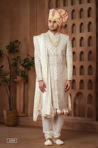 Cream Sherwani With All Over Handwork And Anarkali Kurta