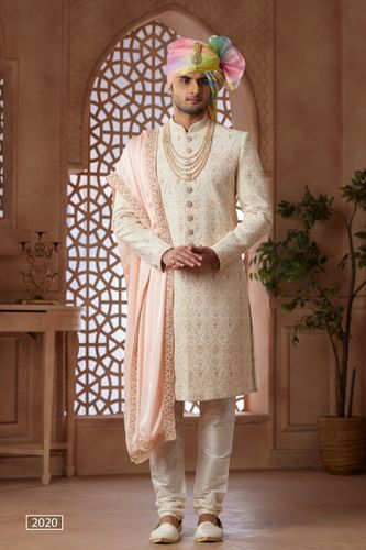 Elegant Cream Sherwani With Beautiful Embroidery Work