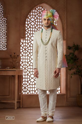 Zig Zag Patterned Embroidery Work Cream Sherwani