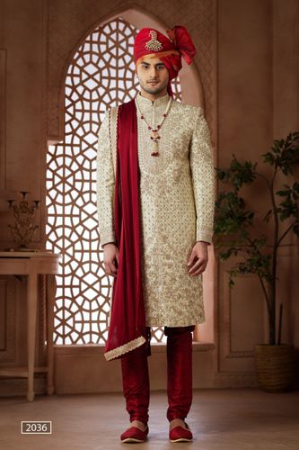 Cream Wedding Sherwani With Heavy Handwork