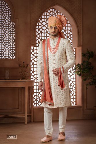 Luxurious Embroidered Cream Wedding Sherwani
