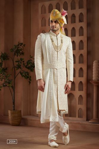 All Over Handwork Cream Sherwani With Anarkali Kurta