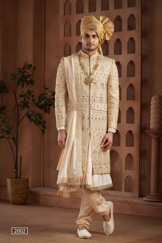 All Over Handwork Beige Sherwani With Anarkali Kurta