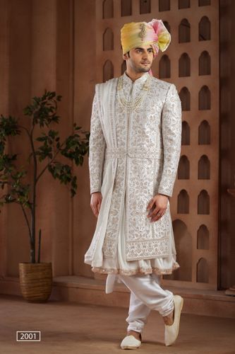 All Over Handwork White Sherwani With Anarkali Kurta
