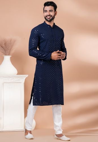 Chikankari And Sequin Work Navy Blue Kurta In Rayon Fabric