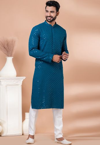 Chikankari And Sequin Work Teal Kurta In Rayon Fabric