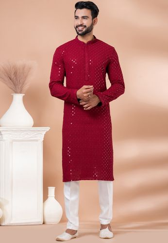 Chikankari And Sequin Work Maroon Kurta In Rayon Fabric