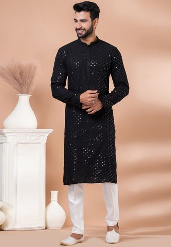 Chikankari And Sequin Work Black Kurta In Rayon Fabric