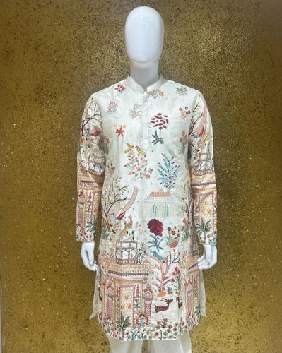 Beautiful Multi Color Embroidery Work White Malai Silk Kurta Set