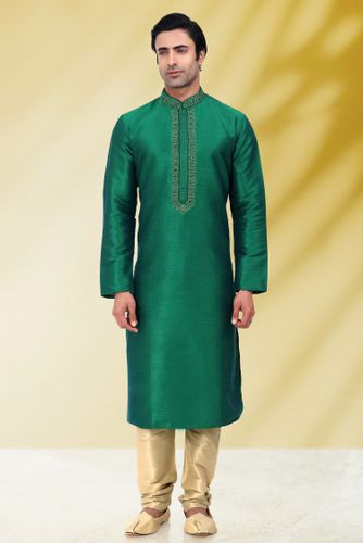 Rama Green Color Embroidery Work Kurta Pajama