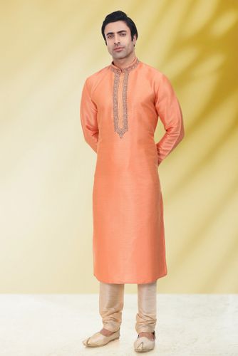 Beautiful Peach Color Embroidery Work Kurta Pajama