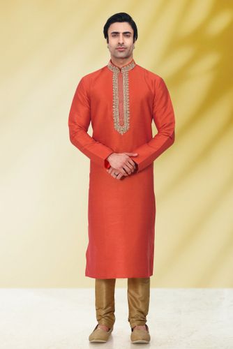 Orange Embroidered Kurta With Dark Golden Pajama