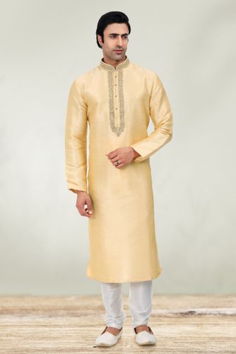 Gold And White Color Combination Embroidery Work Kurta Pajama