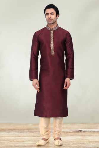 Wine Embroidered Kurta With Cream Pajama
