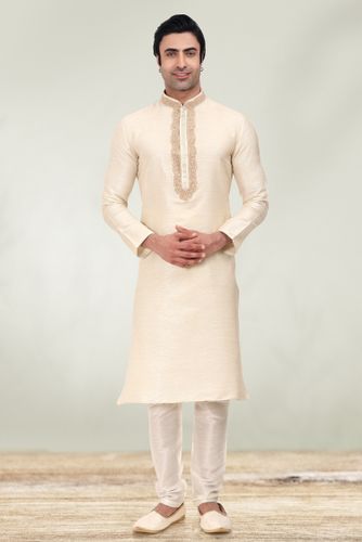 Cream Embroidered Kurta With White Pajama