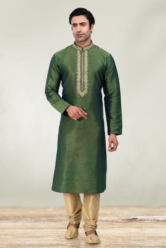 Green Embroidered Kurta With Golden Pajama