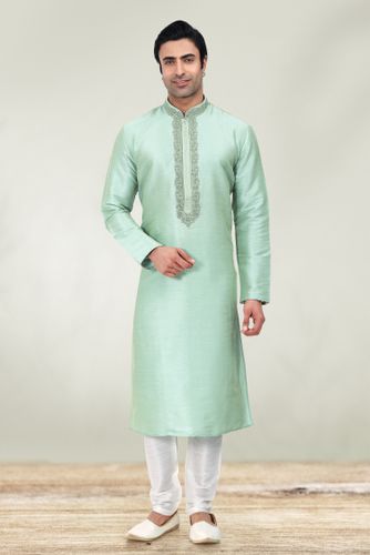 Pista Green Embroidered Kurta With White Pajama