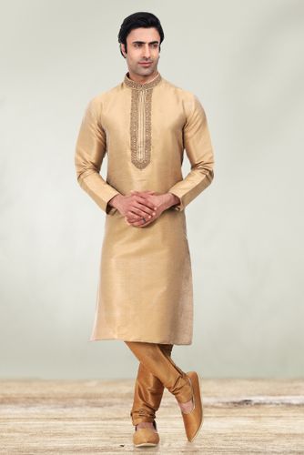 Light Antique Embroidered Kurta With Dark Golden Pajama