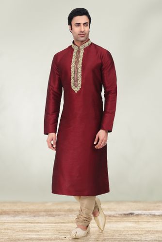 Maroon Embroidered Kurta With Cream Pajama
