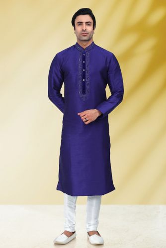 Royal Blue Embroidered Kurta With White Pajama