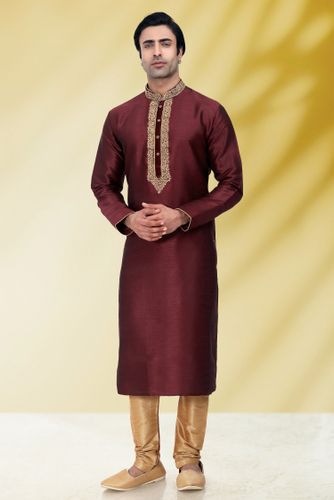 Wine Embroidered Kurta With Chiku Pajama