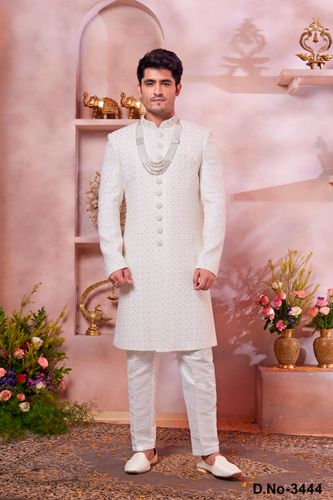 Elegant Cream Sherwani With All Over Work Embellishments