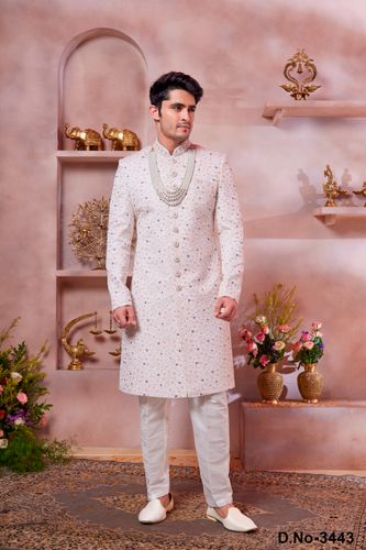 Beautiful Embroidery Work Cream Sherwani