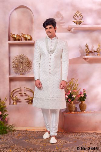 Daman Style Cream Color Sherwani With All Over Work