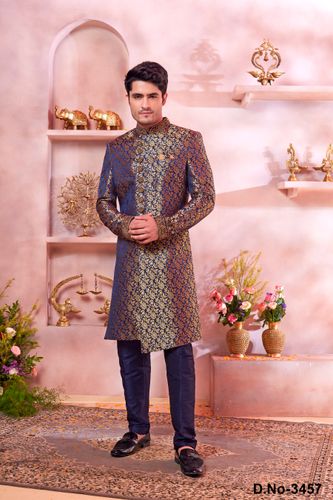 Party Wear Indowestern Sherwani In Blue And Gold Combination Banarasi Silk Fabric