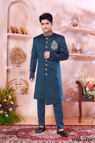 Party Wear Green Indo Western Sherwani In Imported Suiting Fabric