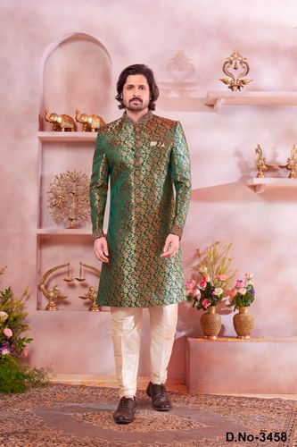Party Wear Indowestern Sherwani In Green And Gold Combination Banarasi Silk Fabric