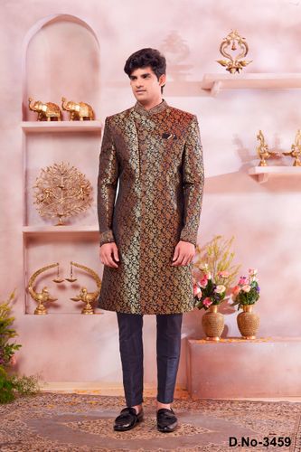 Party Wear Indowestern Sherwani In Black And Gold Combination Banarasi Silk Fabric
