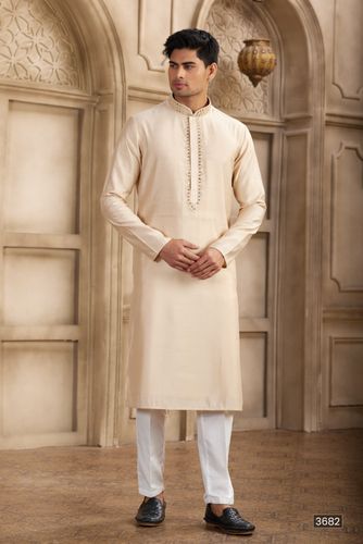 Beautiful Beige Mirror Work Embroidery Kurta Pajama